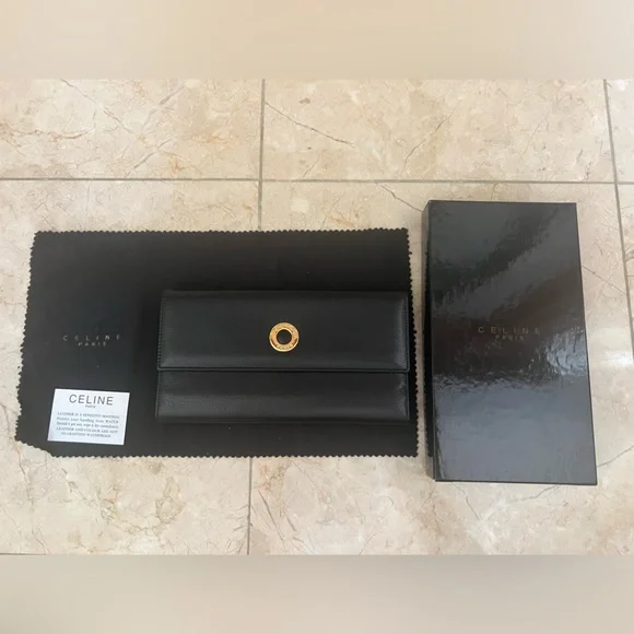 Vintage Céline Long Continental Wallet Black Calfskin Gold Snap + Full Set - Picture 1 of 12